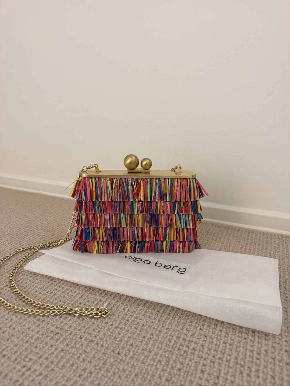 Olga Berg Multicolor Fringe Box Clutch with Gold Hardware
